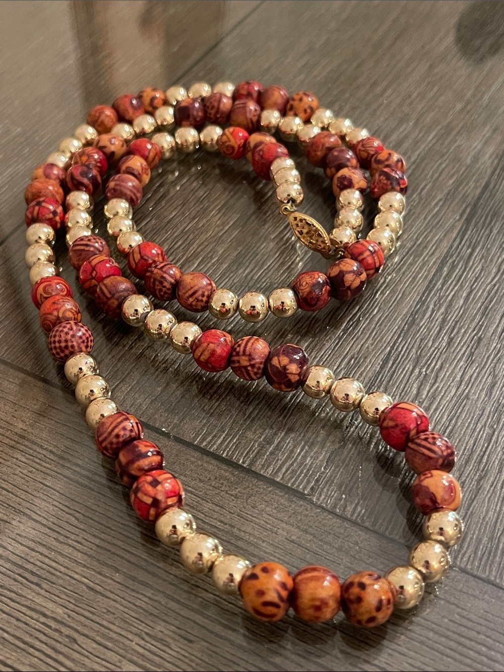 Vintage Gold-tone and Patterned Wooden Bead Necklace 34” approx